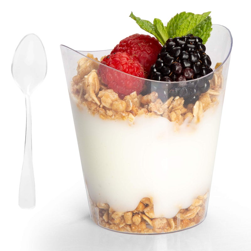 Ilyapa 4oz Plastic Dessert Cups - 100 Pack Mini Dessert Cups with Spoons - Clear Reusable Small Appetizer Cup for Cheesecake Shooters, Chocolate Mousse, Parfait - Party and Catering Supplies - Round - Image 1